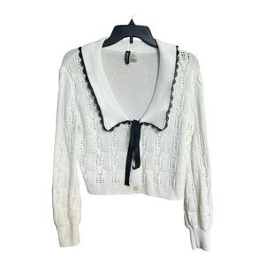 Divided H&M Off White Black Lace-Trimmed Collar Sweater Bow Preppy